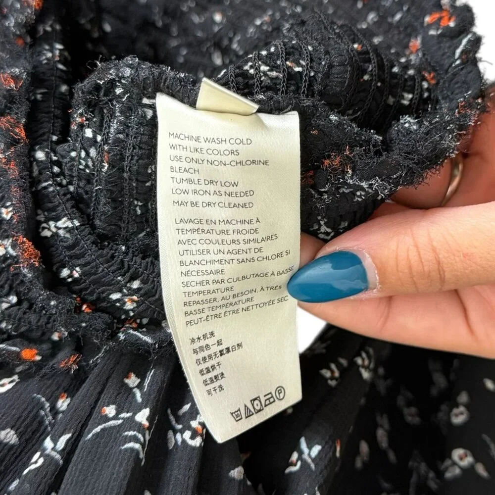 Free People Boho Floral Babydoll‎ Smocked Crop Blouse Black Small Cottagecore